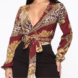 Women's Burgundy and Gold Wrap Top
